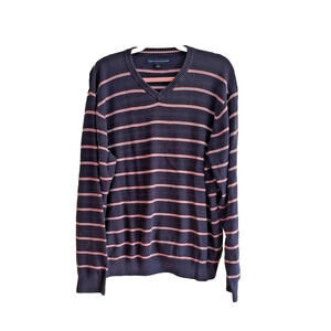 Tommy‎ Hilfiger Sweater Mens Large Navy Striped Knit Long Sleeve V-Neck Classic